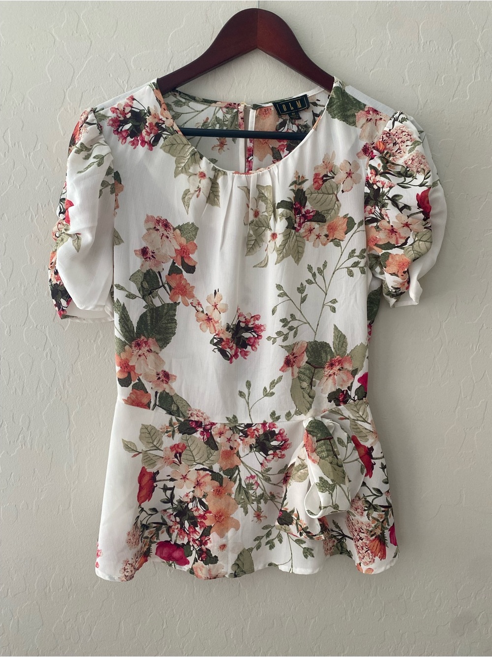 OLM Floral Peplum Top Medium Puff Short Sleeve Tie Waist Blouse Cottagecore